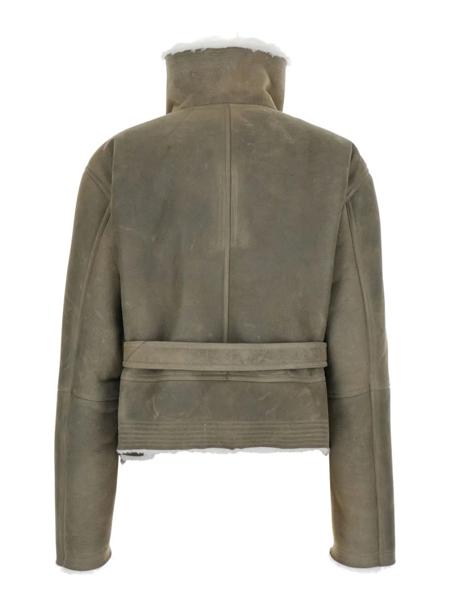 Blanuri Gray High-neck cropped shearling jacket with off-center zip closure and front belt in suede for women - Img 2
