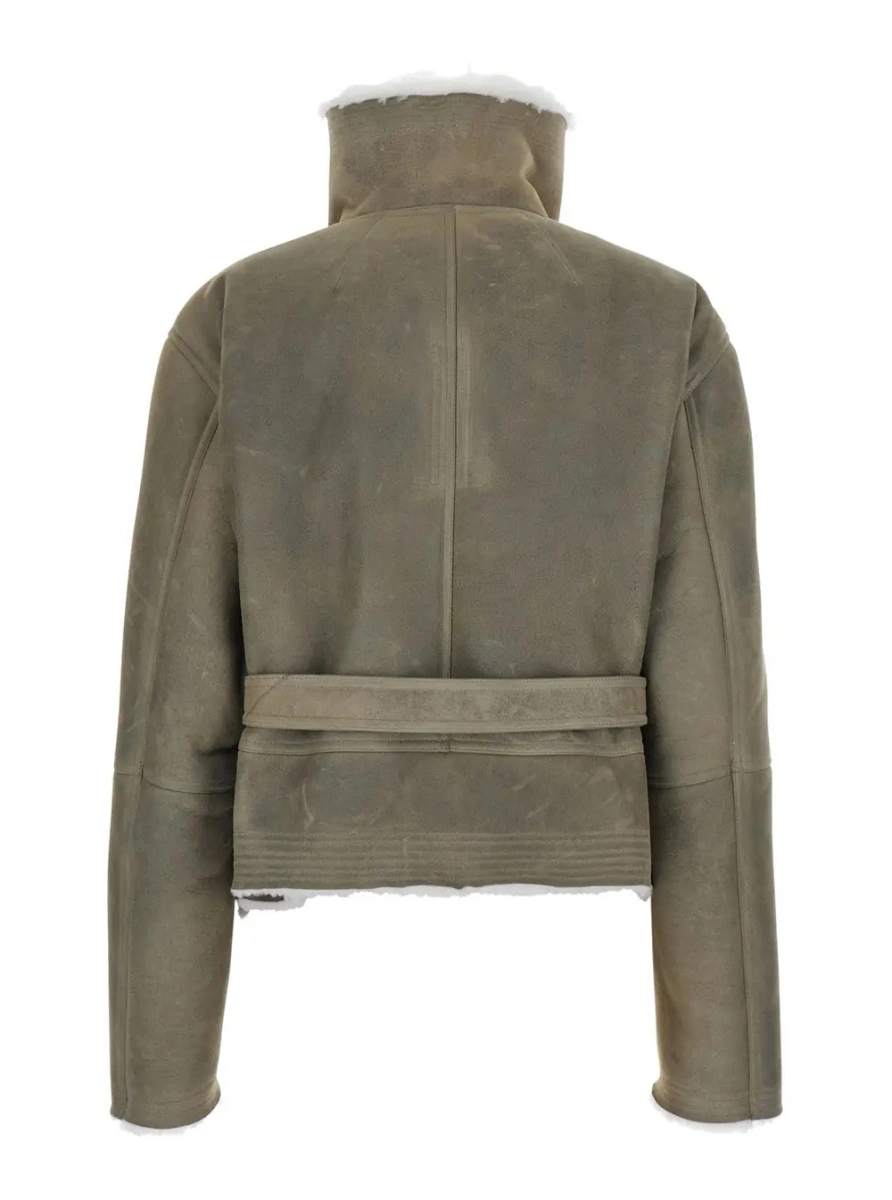 Blanuri Gray High-neck cropped shearling jacket with off-center zip closure and front belt in suede for women - Img 2