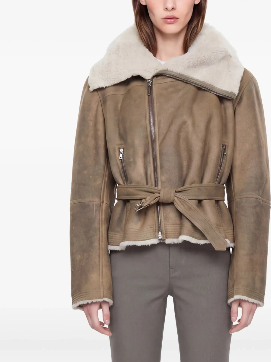 Blanuri Gray High-neck cropped shearling jacket with off-center zip closure and front belt in suede for women - Img 5