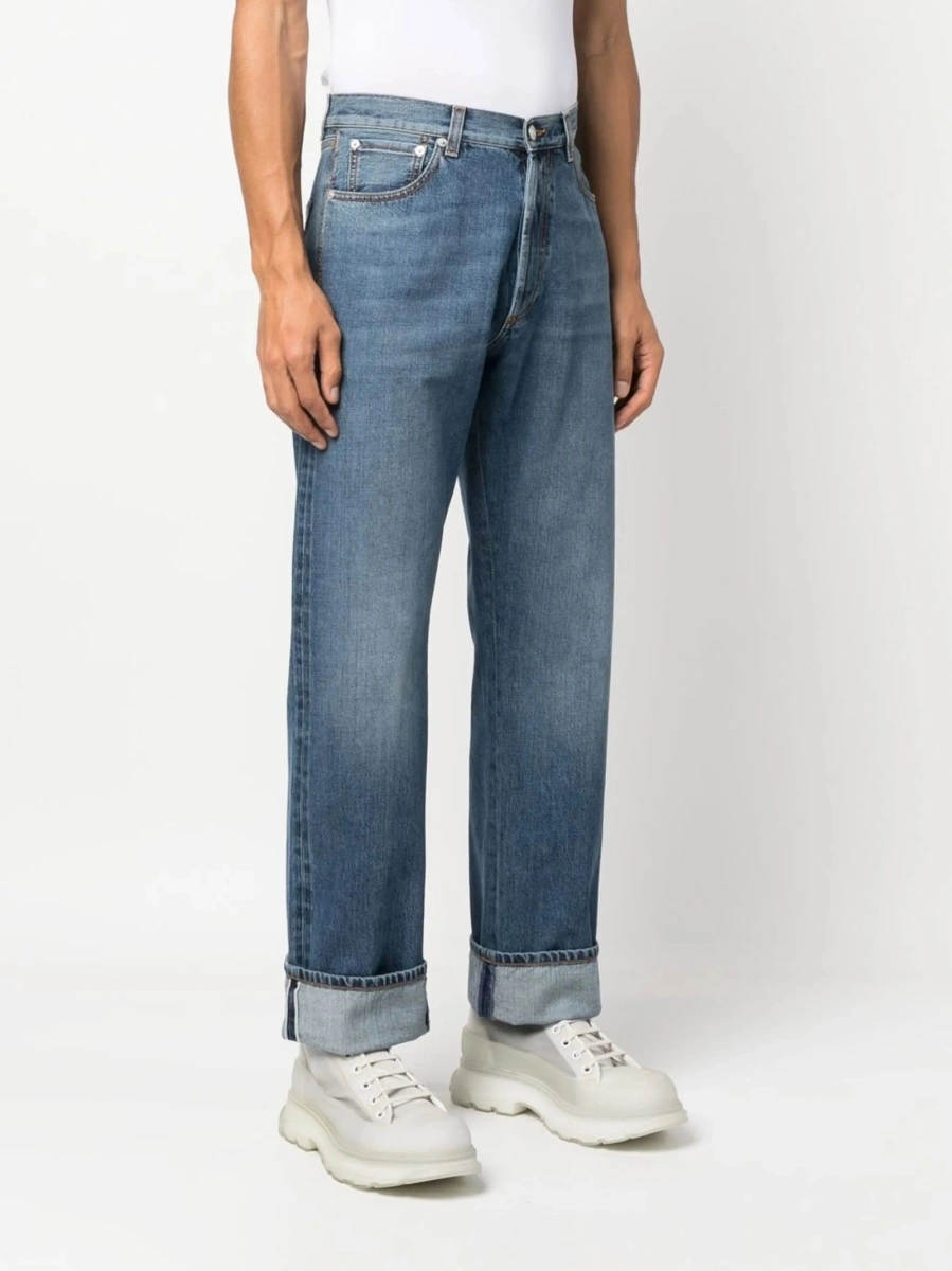 Blugi drepti Alexander McQueen albastri din bumbac - Img 3