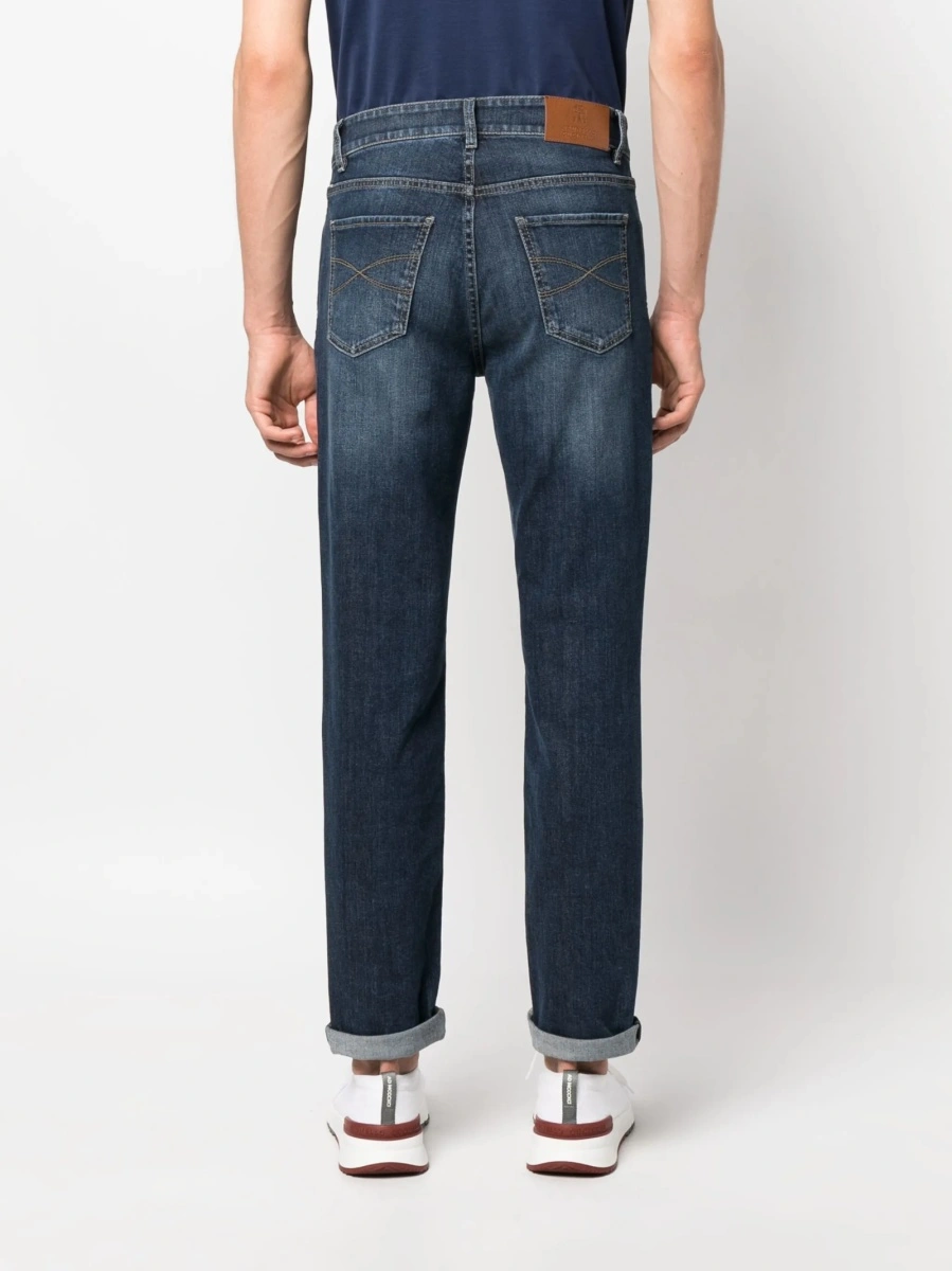 Blugi slim fit Brunello Cucinelli albastri din elastan si piele - Img 4