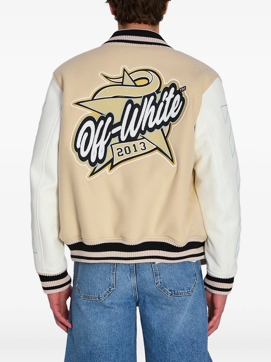 Bomber jacket Off-White neutra din piele si lana - Img 5
