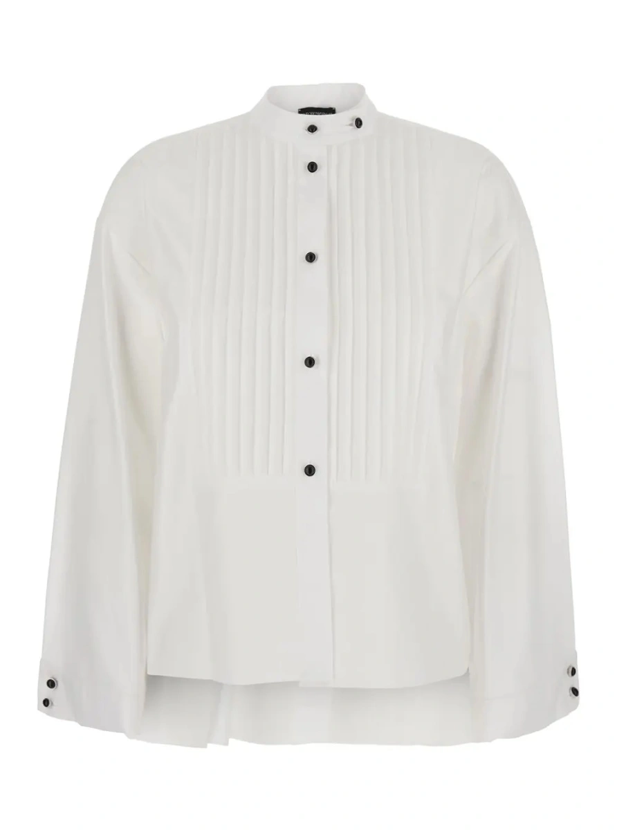 Camasa White Asymmetric Shirt with pleated design on the front and contrasting buttons in cotton for women - Img 3