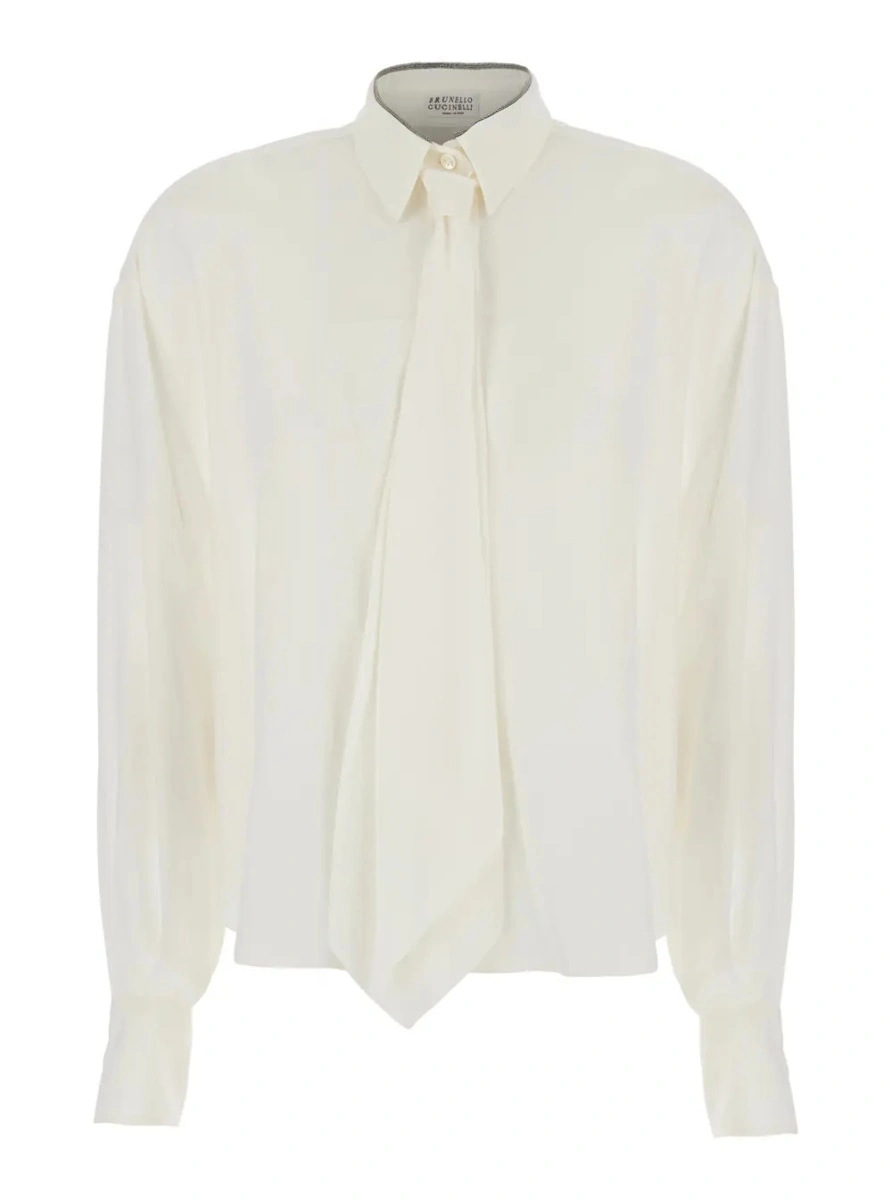Camasa White Shirt with pointed collar with Monil and removable bow tie on the front in silk for women - Img 4