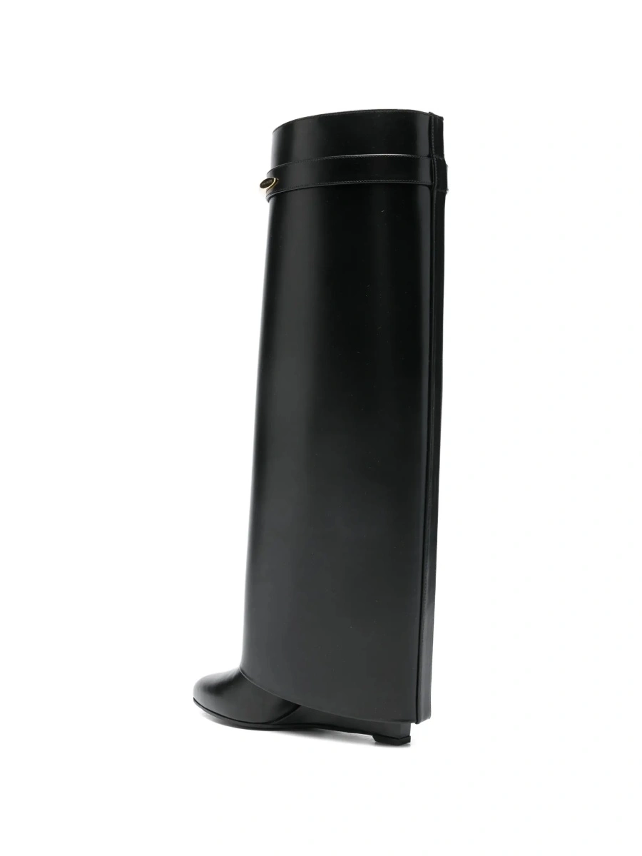 Cizme High Wedge Heeled 'Shark' Pointed Boots with Logo Plate on the Front in Black Leather for Women - Img 6