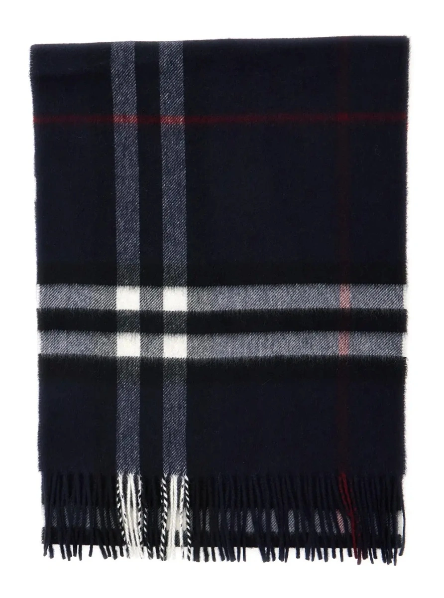 Esarfa Blue Scarf with Fringed Edges and All-Over Check Motif in Cashmere for Women - Img 3