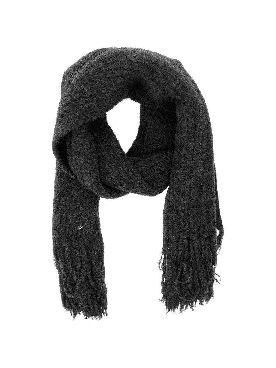 Esarfa Grey scarf with logo plaque and frayed edges in wool and alpaca blend women - Img 6