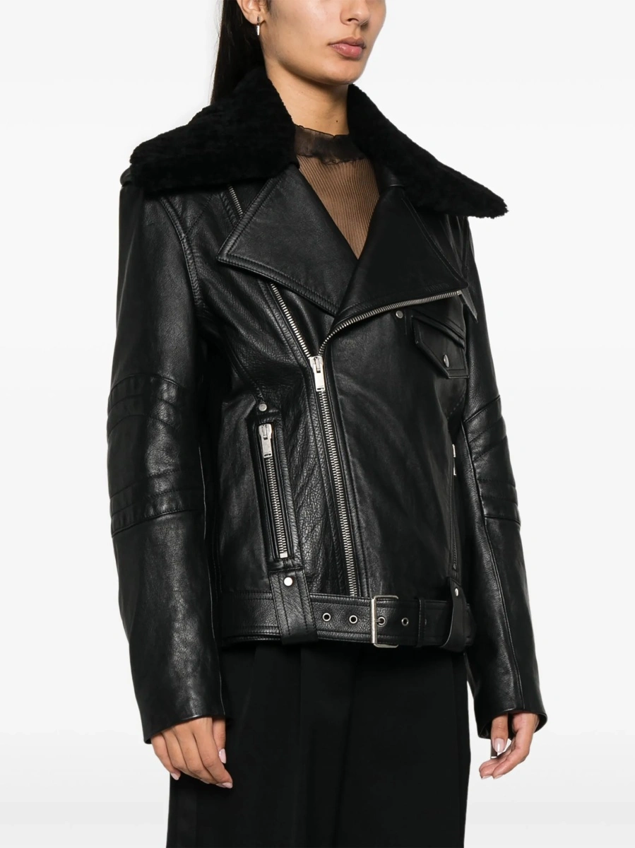 Geaca biker Saint Laurent neagra din piele si blana - Img 3