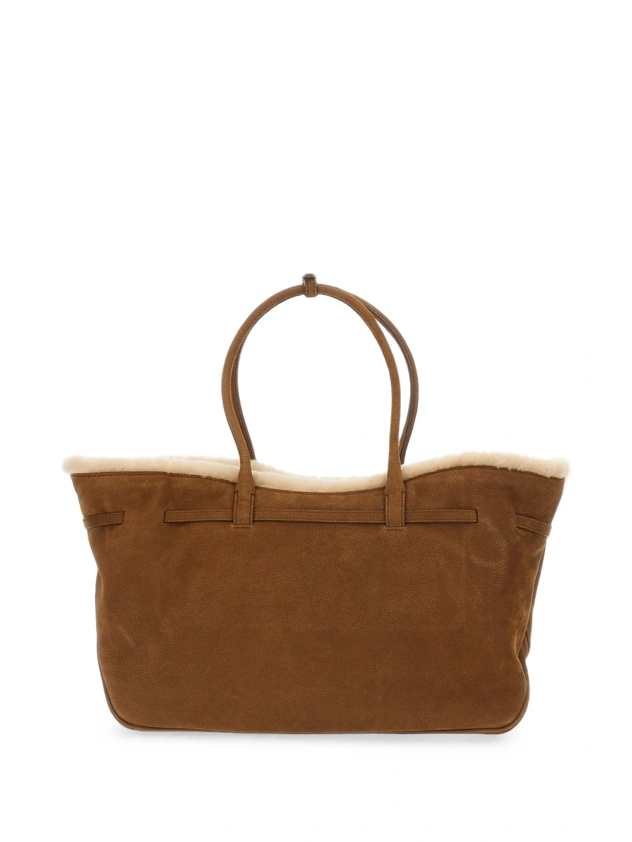 Geanta de umar Beige Shoulder bag with shearling lining and front logo loop in leather for women - Img 4