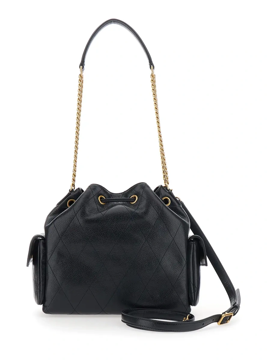 Geanta de umar Shoulder bag 'Charlie' with Drawstring Closure and Logo Plate on Front in Black Leather for Women - Img 2