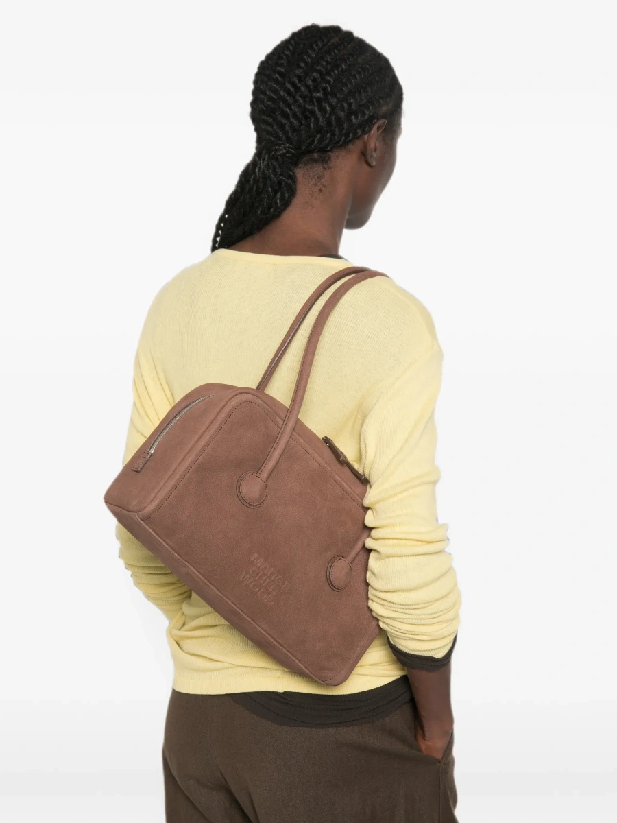 Geanta de umar 'Soft Boston Small' brown Shoulder bag with Two Top Handles and Logo lettering on the Front in suede Women - Img 4