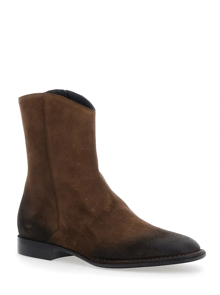 Ghete Brown Ankle Boots with Pointed Toe and Side Zip Closure in Suede for Men - Img 2
