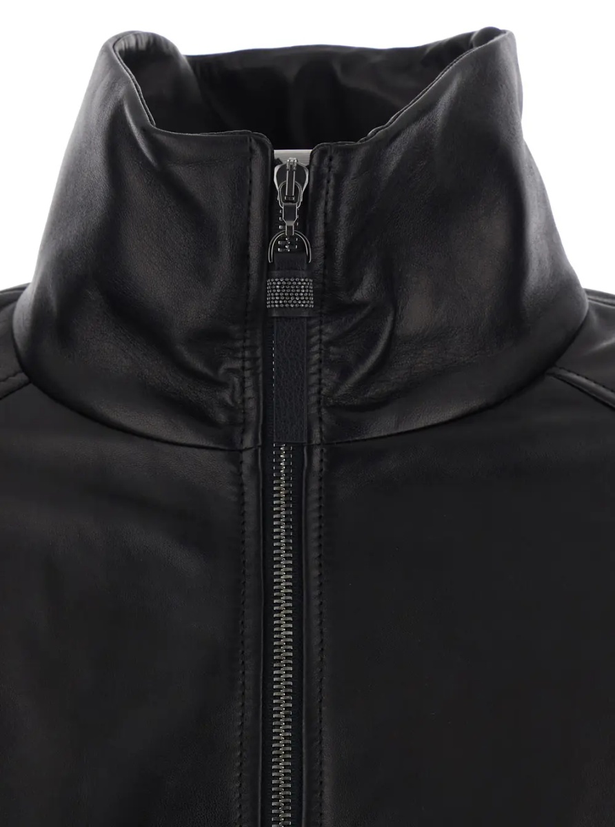 Jacheta Black High Collar Jacket with Elasticized Trims in Leather for Women - Img 3