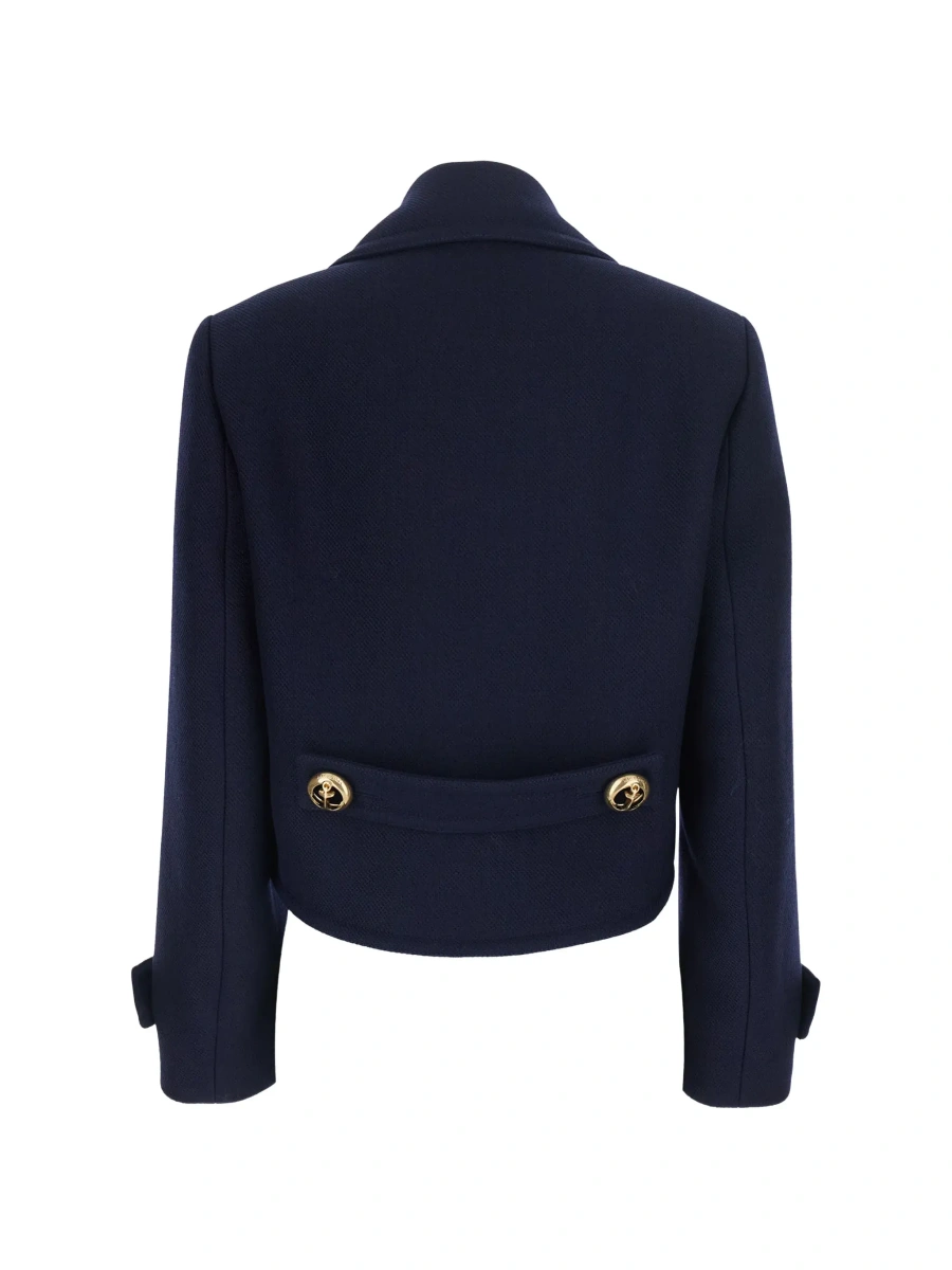 Jacheta Blue Cropped Jacket with Wide Notched Revers and Halfbelt in Wool for Women - Img 4