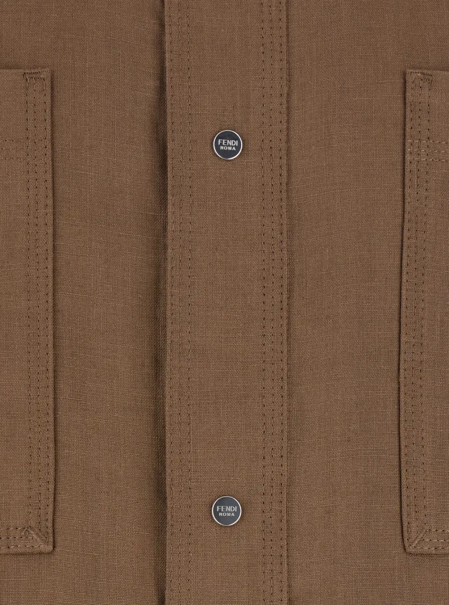 Jacheta Brown Jacket with Classic Collar and Four Patch Pockets on the Front in Linen for Men - Img 3