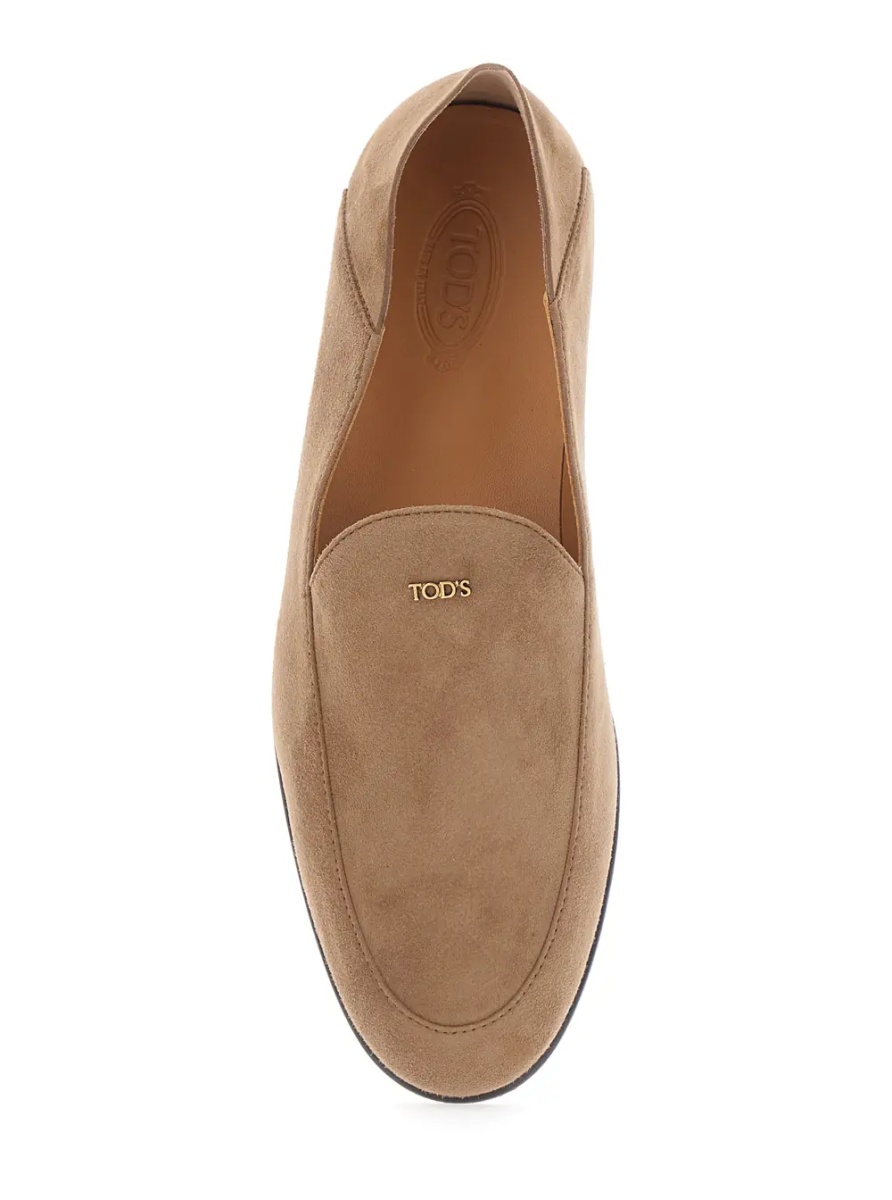 Mocasini Beige Loafers with logo lettering plate on the front in suede for women - Img 4