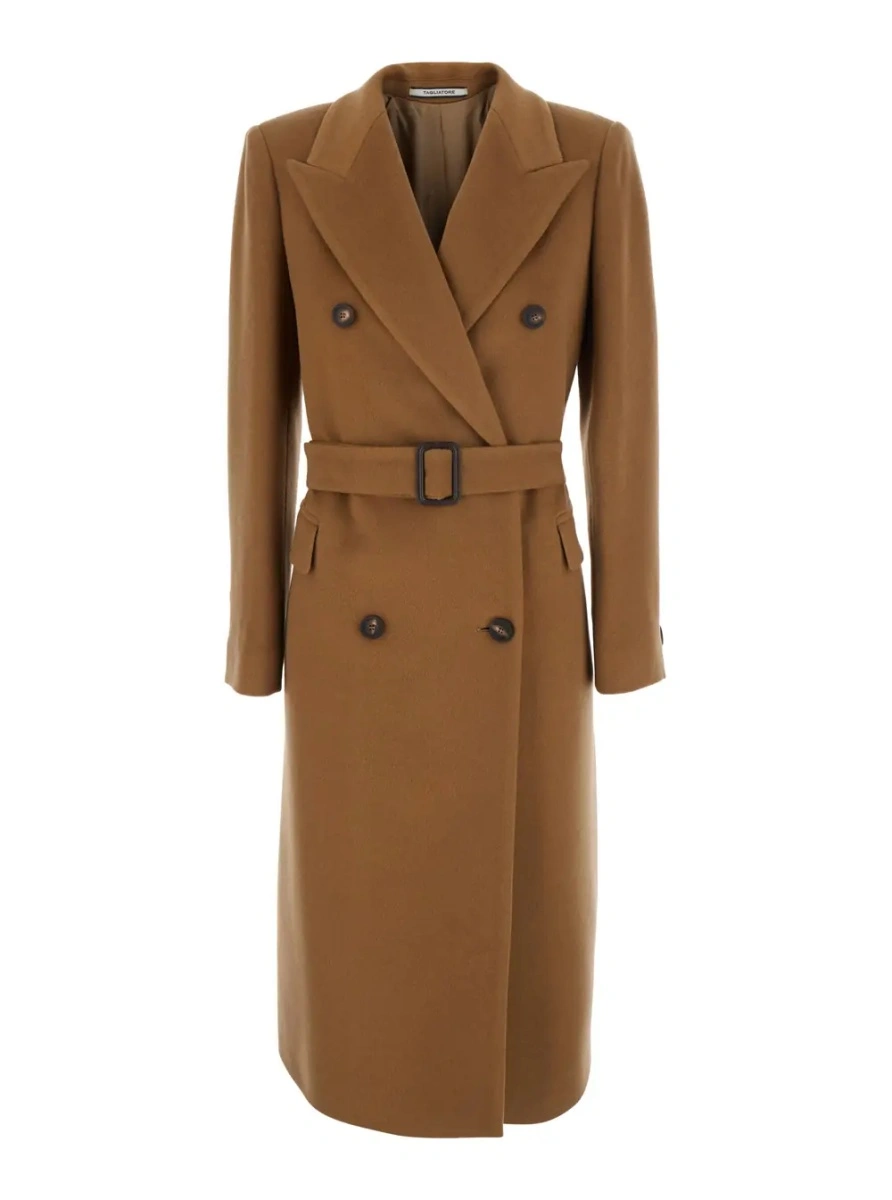 Palton Beige Double-breasted coat with Peak revers and front belt in wool and cashmere for women - Img 3