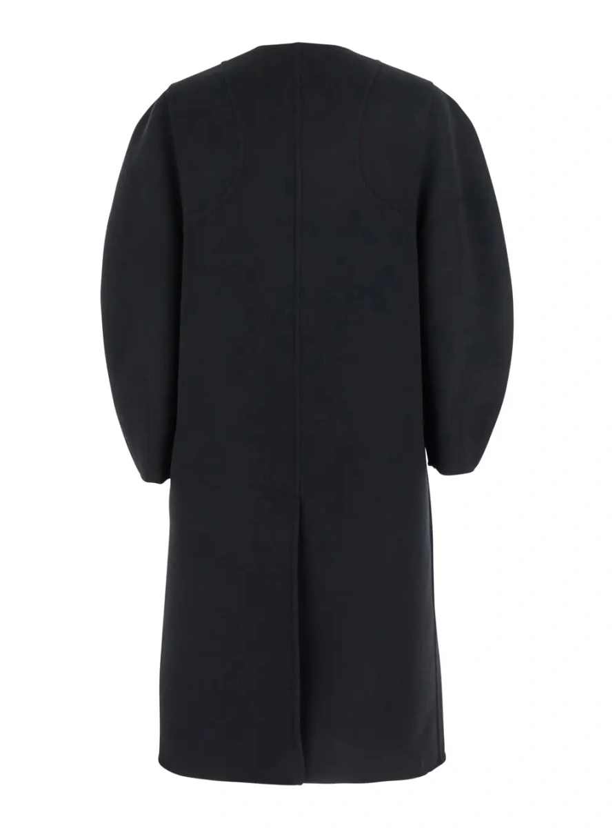 Palton Black Crewneck Coat with Puffed Sleeves and Two Front Shearling Pockets in Wool Blend Woman - Img 2