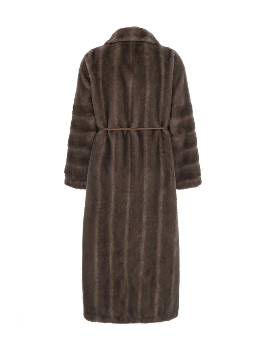 Palton Brown Shearling coat with wide collar and front belt in ecofur for women - Img 2