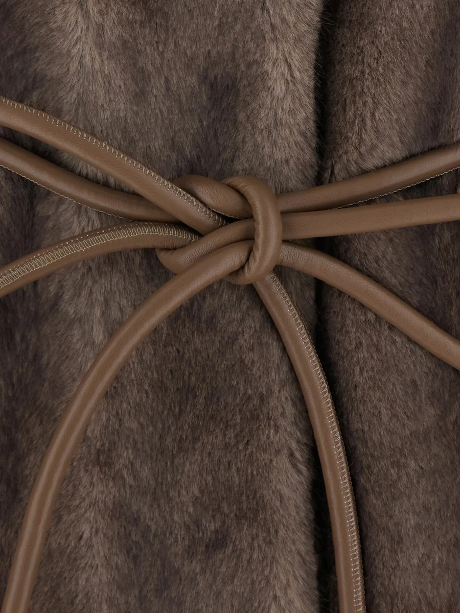 Palton Brown Shearling coat with wide collar and front belt in ecofur for women - Img 5