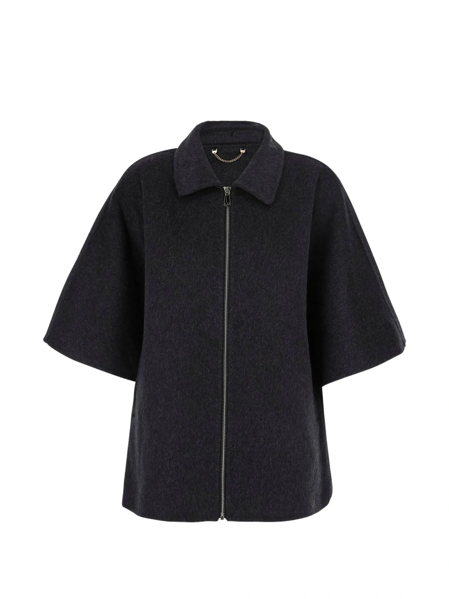 Palton Gray fur coat with removable fur collar and wide short sleeves in eco fur for women - Img 7