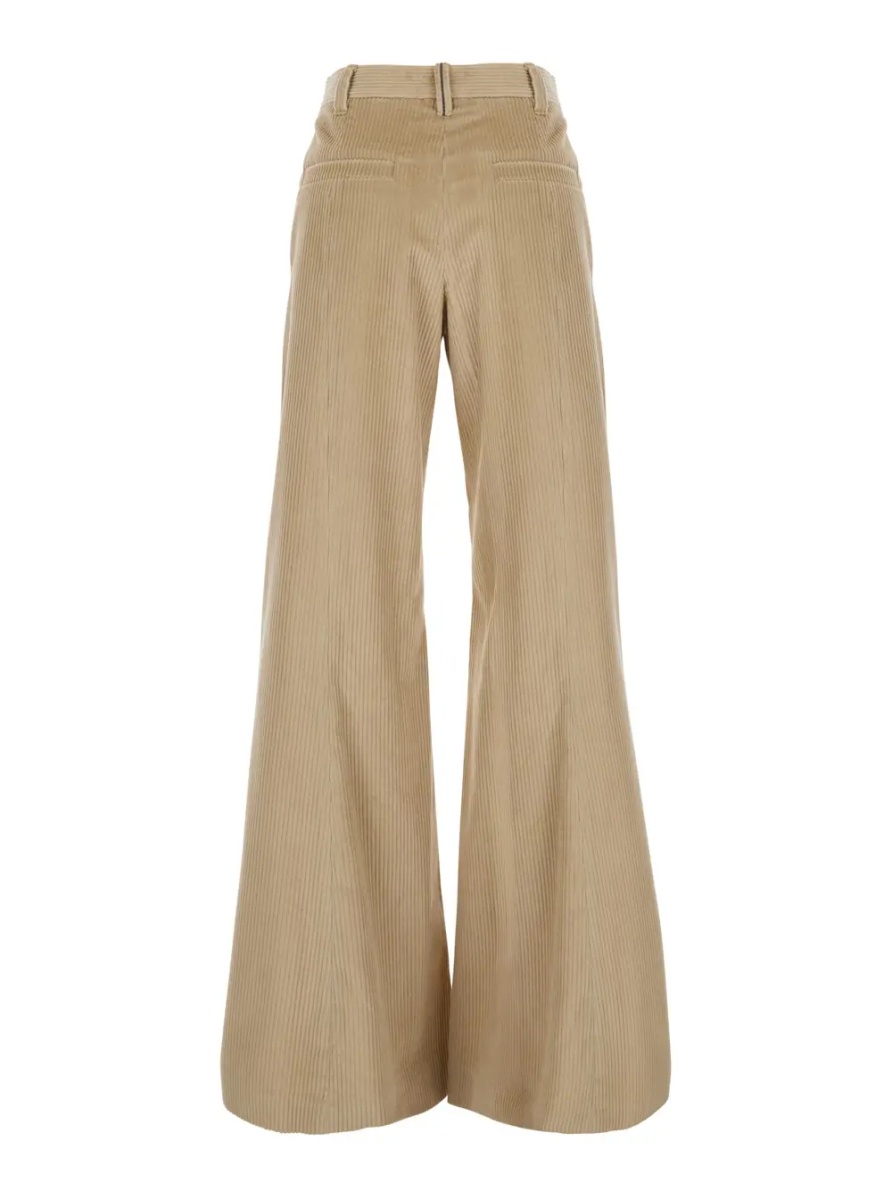 Pantaloni Beige High-waisted Pants with Monile on the Belt Loop and Wide Leg in Corduroy for Women - Img 2