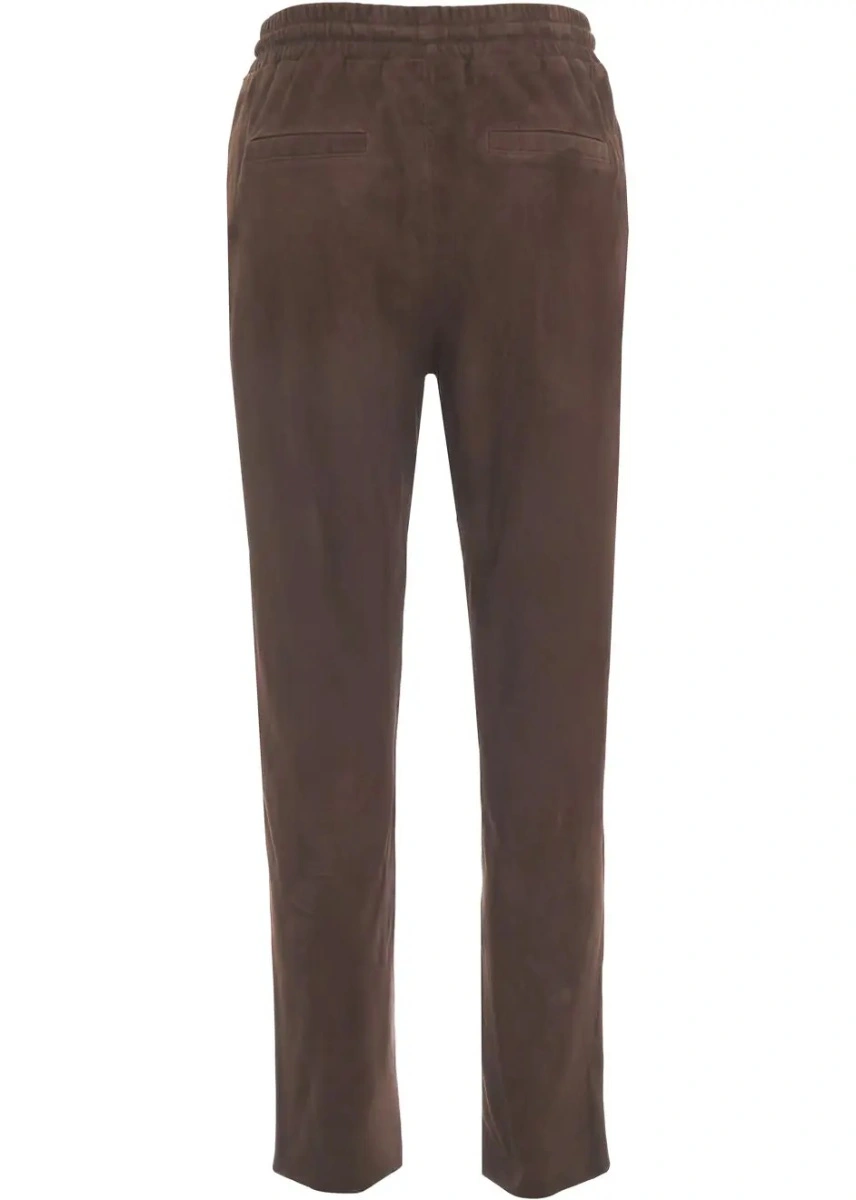 Pantaloni casual Oakwood maro din piele intoarsa - Img 4