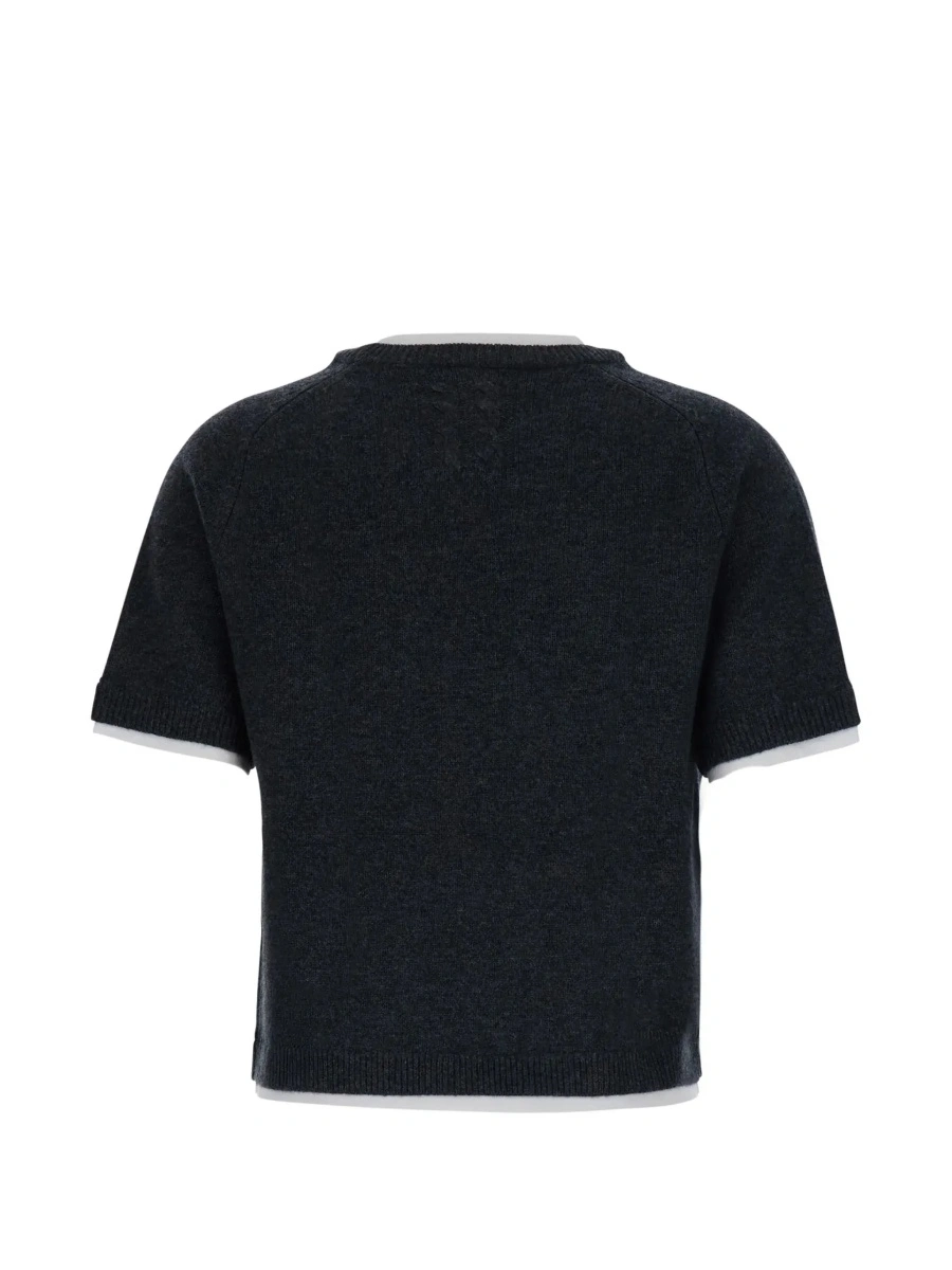Pulover 'Aida' Gray short sweater with contrasting round neck in wool and cashmere for women - Img 4