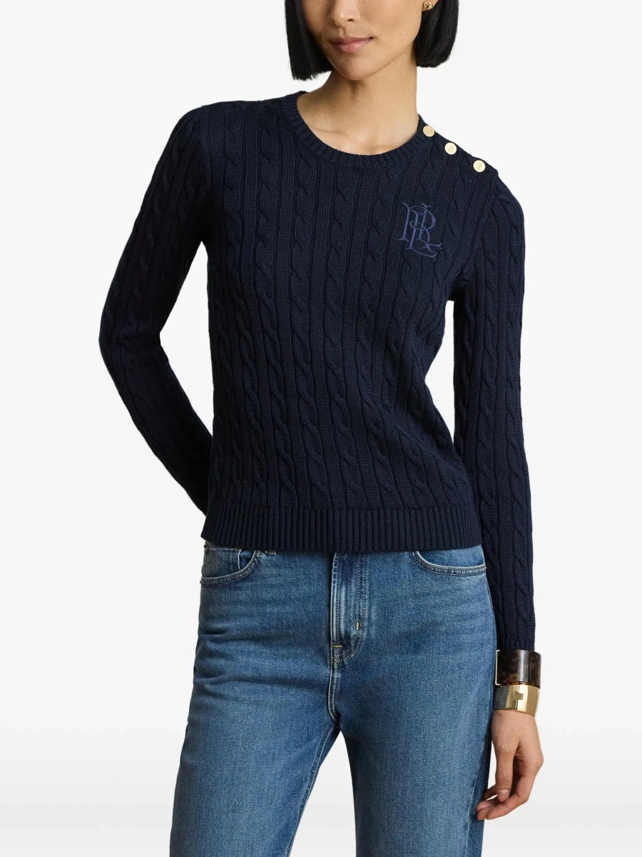 Pulover blue Crewneck sweater with cable knit and logo on the front in cotton Blend women - Img 5