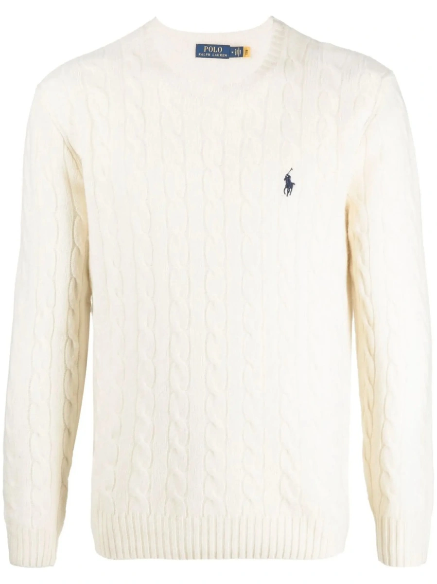 Pulover Crewneck Sweater with Braided Knit and Pony Embroidery on the Front in Wool and Cashmere White Men - Img 8