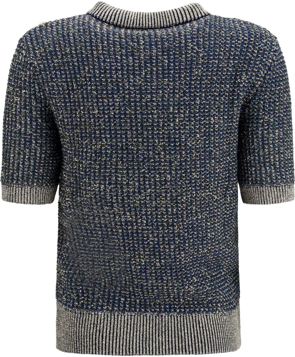 Pulover Short-sleeve sequined Sweater with buttons - Img 2