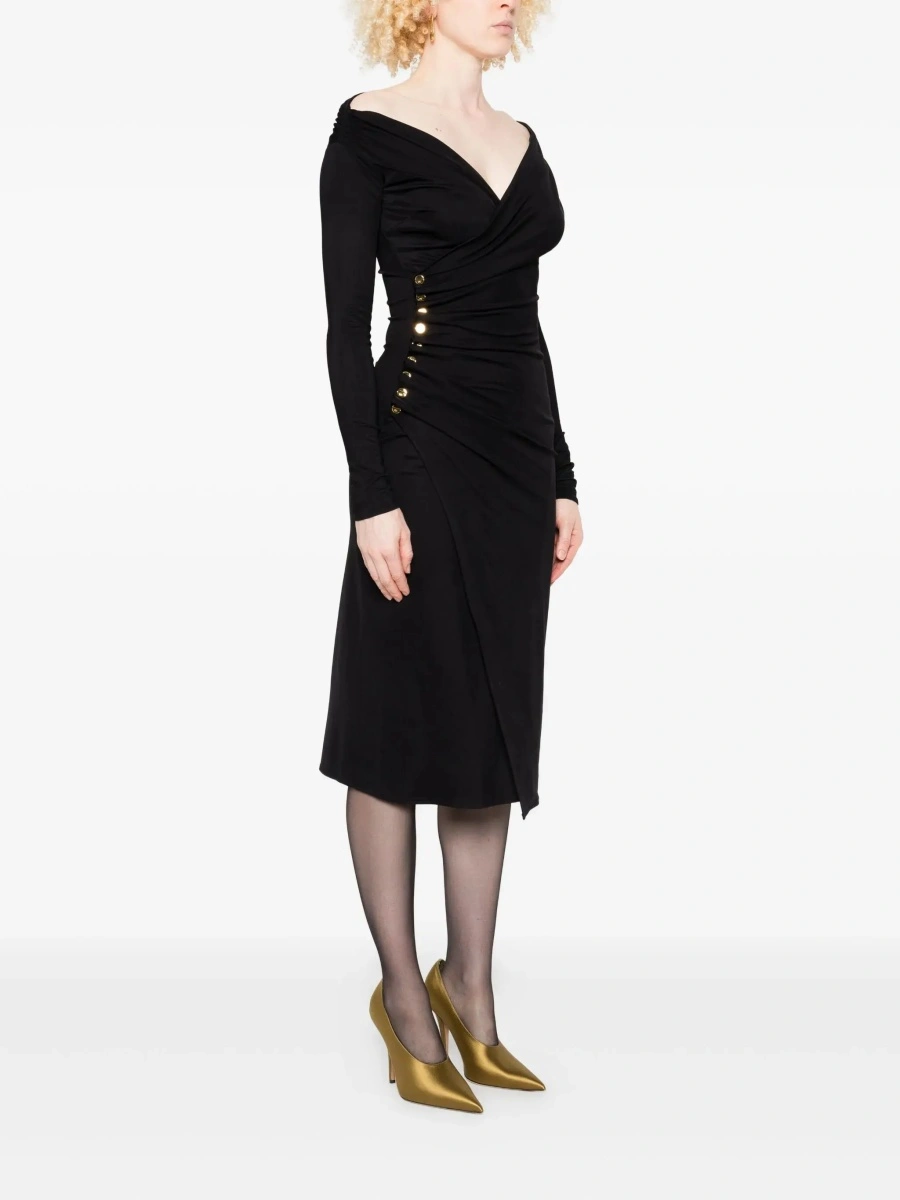 Rochii Black Draped Dress with Asymmetric Hem and V Neck in Viscose Stretch Woman - Img 4