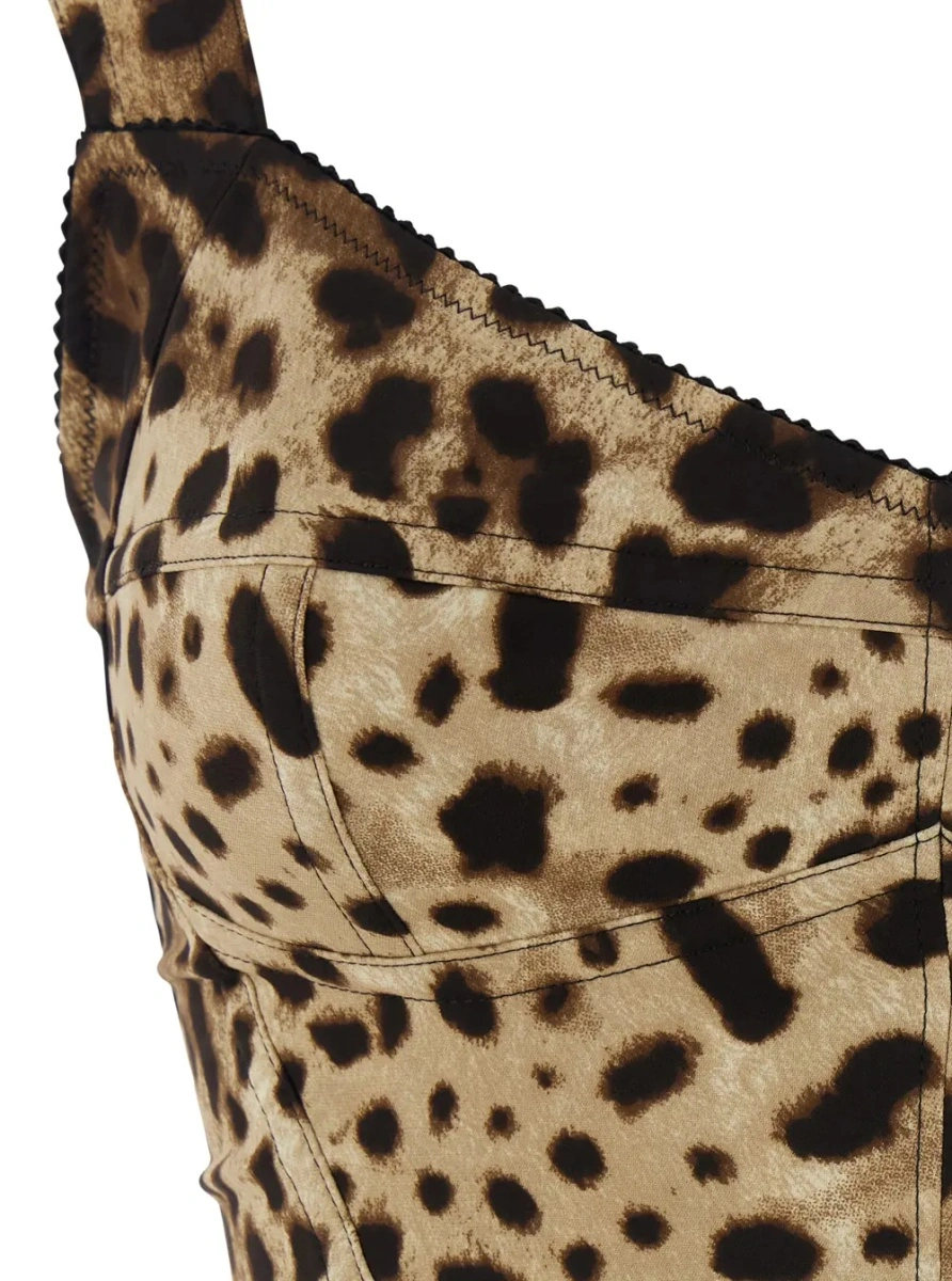 Rochii Brown Midi Dress with Heart Neckline and Leopard Motif on the Front in Stretch Silk Blend for Women - Img 3