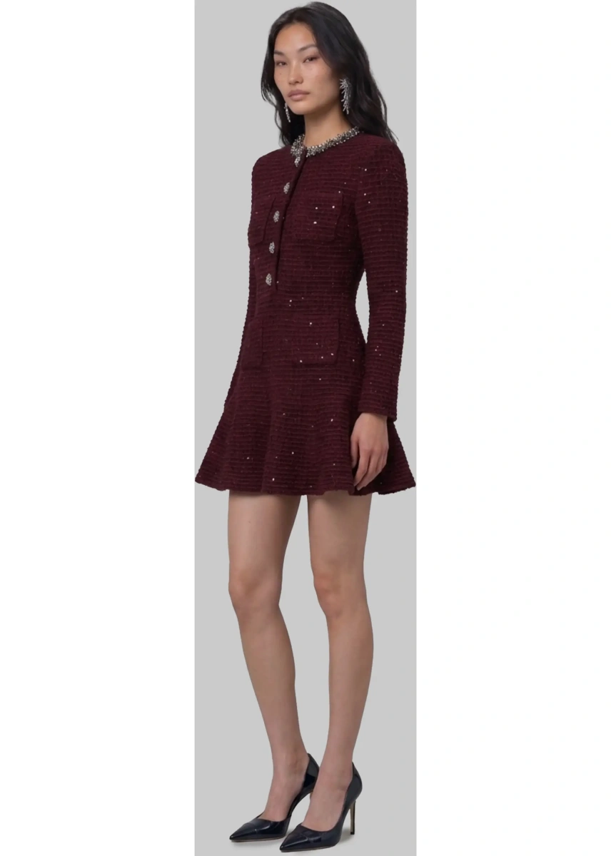 Rochii Burgundy Textured Knit Embellished Mini Dress - Img 2