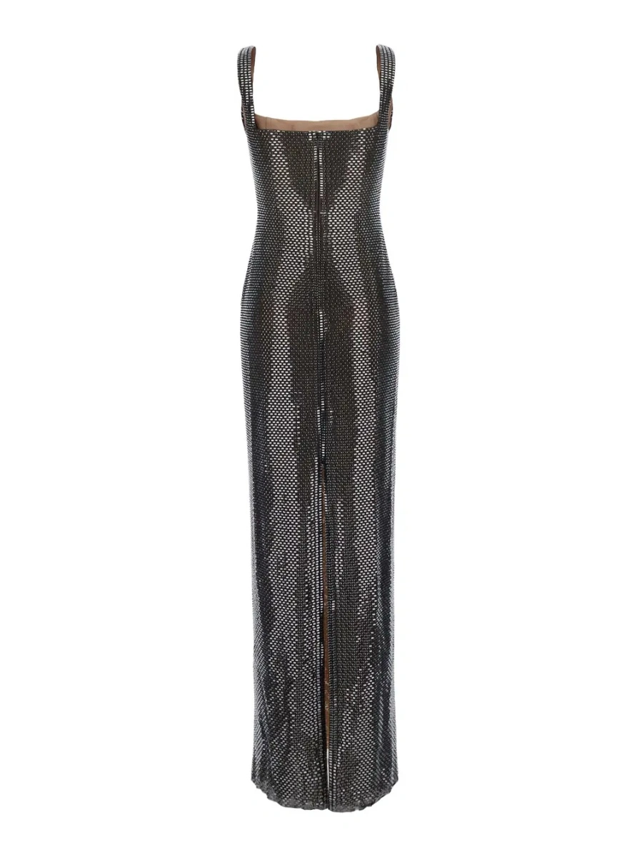 Rochii Maxi dress with square neckline, rhinestone details, in Tech Fabric, gray, woman - Img 2