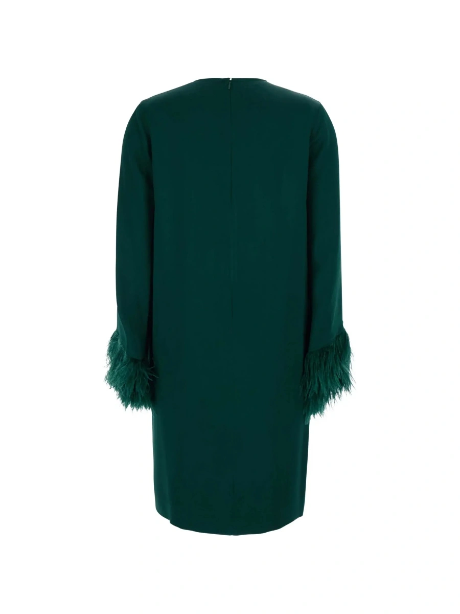 Rochii 'Violetta' Green Dress with Long Sleeves and Feather Details in Satin for Women - Img 4
