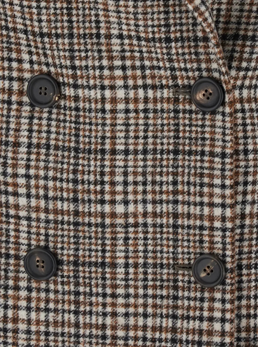 Sacou Beige Double-breasted Jacket with Peak Revers and All-Over Check Motif in Wool for Women - Img 3