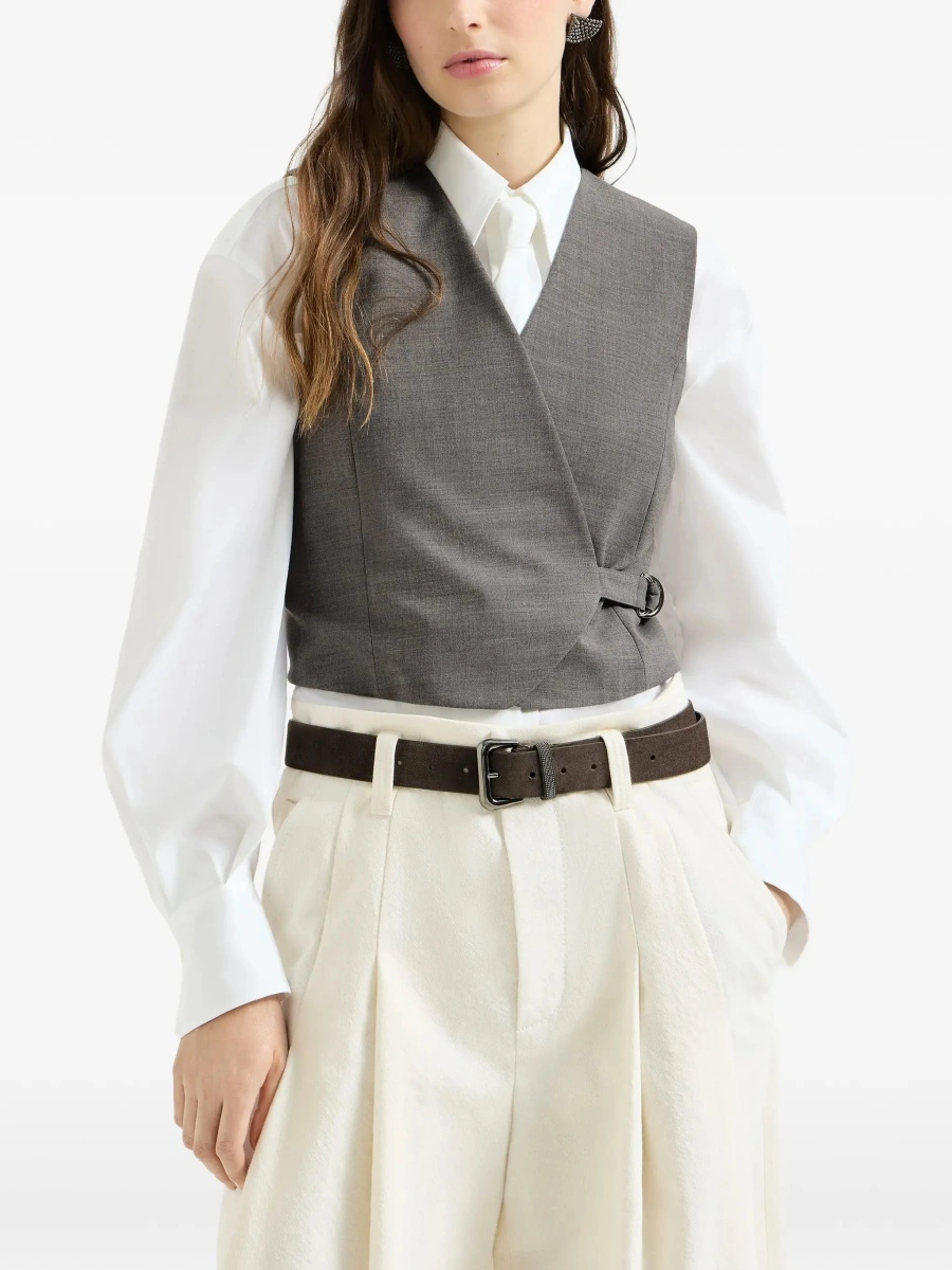 Topuri Grey Sleeveless top with V-neck and side buckle closure in wool blend for women - Img 5