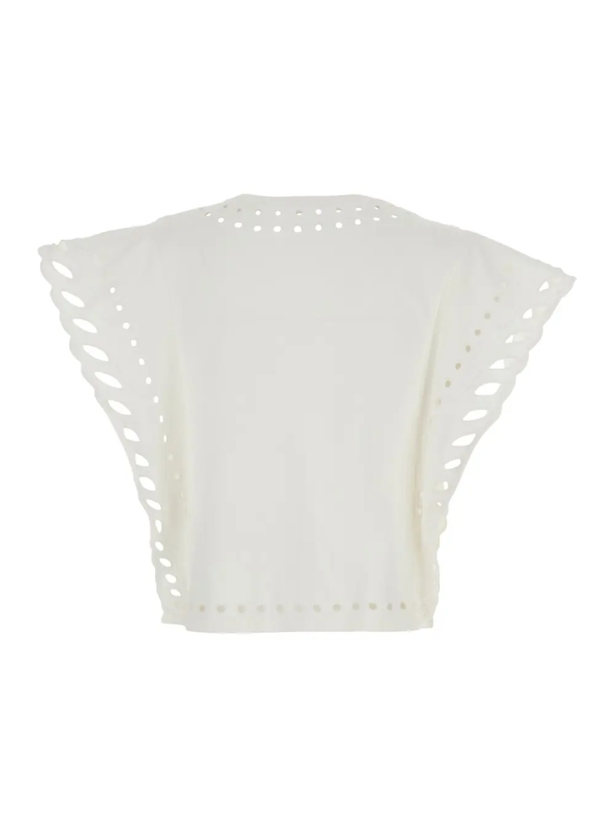 Topuri Odyle' White Crew Neck Top with Cut-Out Details in Cotton for Women - Img 2