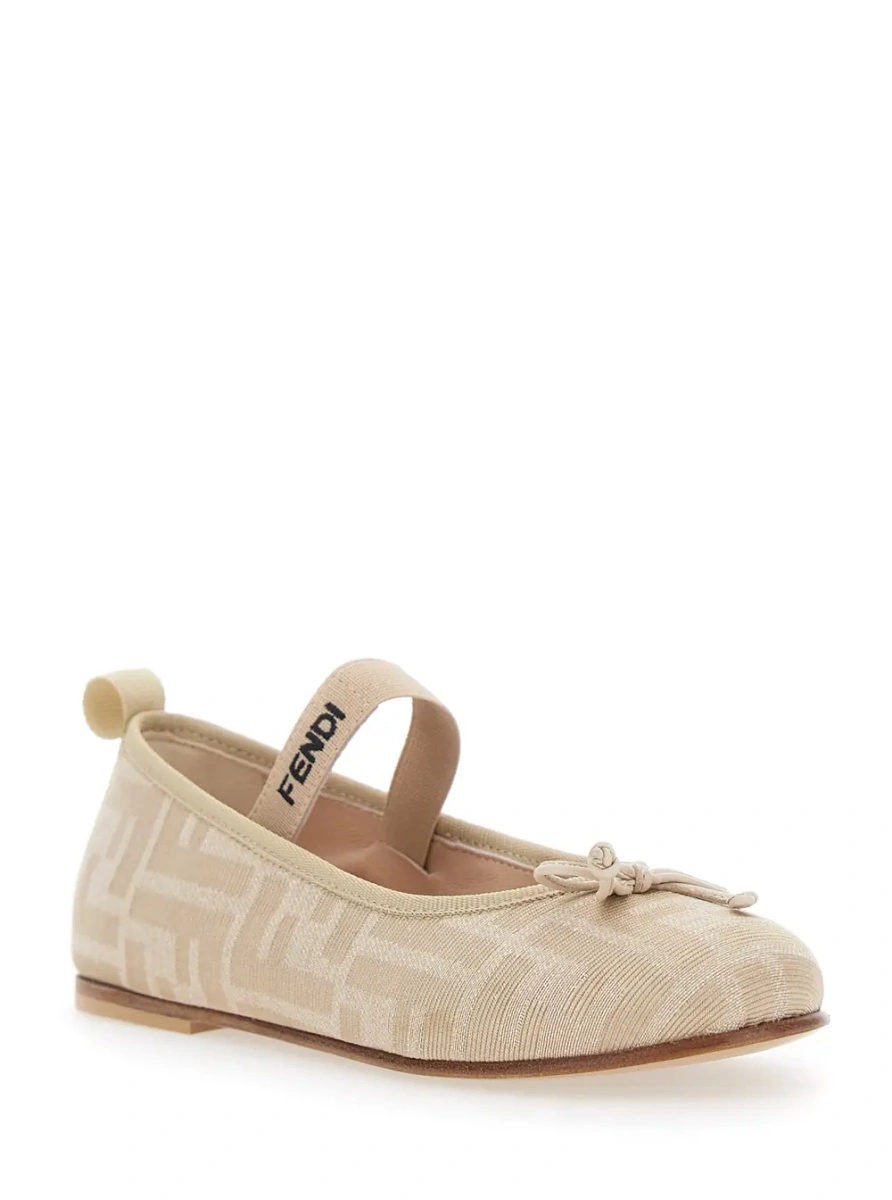 Balerini FF Ballet Shoes with Logo Strap and All-Over FF Motif in Beige Fabric for Girls - Img 2