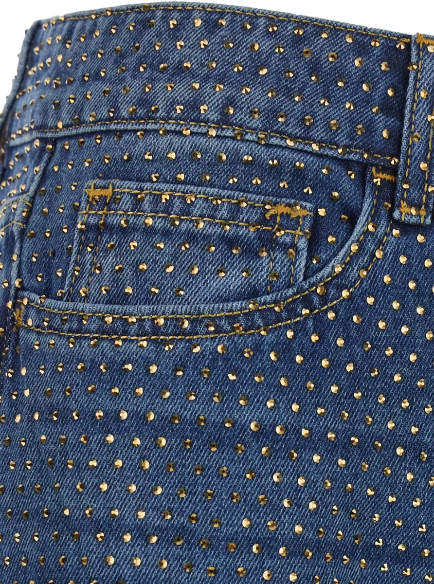 Blugi Blue Jeans with logo patch on the back and all-over crystals in denim for women - Img 3