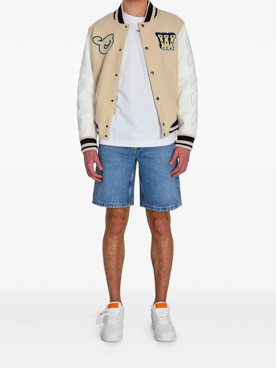 Bomber jacket Off-White neutra din piele si lana - Img 2
