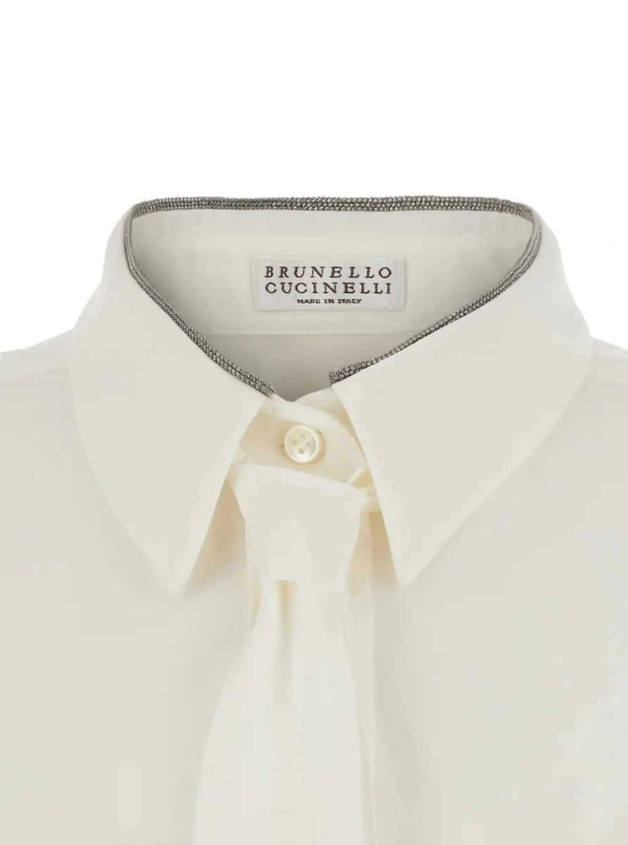 Camasa White Shirt with pointed collar with Monil and removable bow tie on the front in silk for women - Img 2