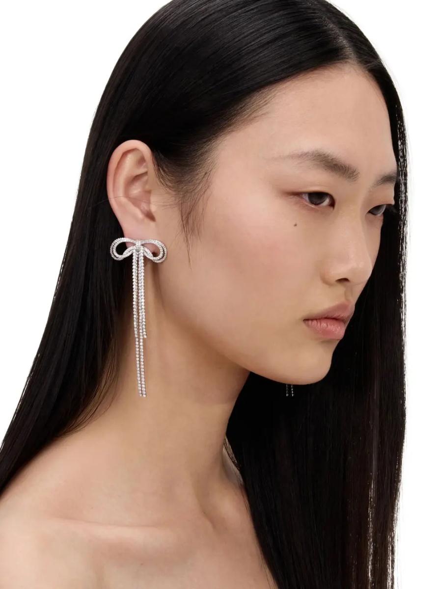 Cercei Silver-Colored Bow and Crystal Drop Earrings in Metal for Women - Img 3