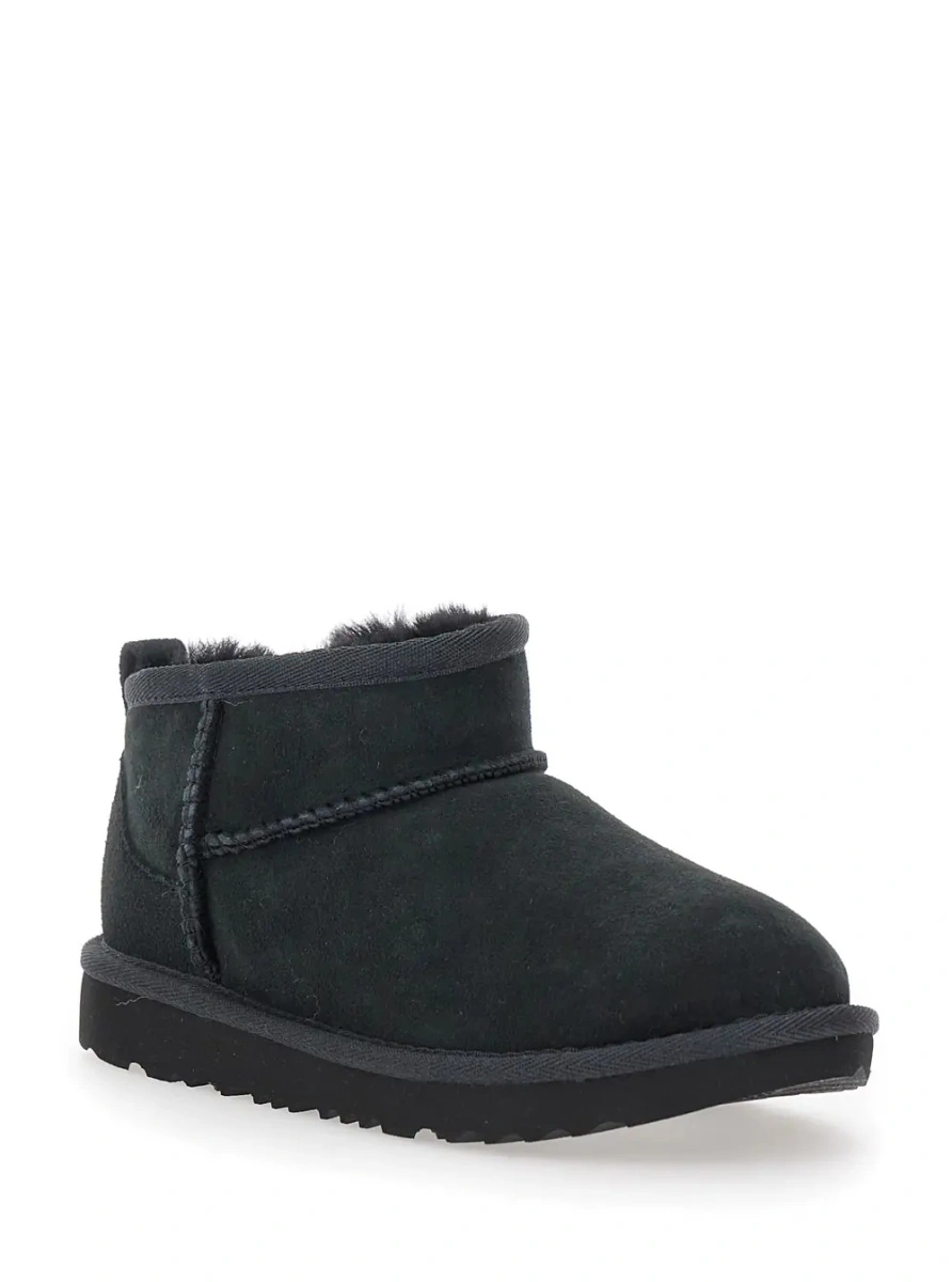 Cizme UGG 'Ultra Mini' Black Suede Ankle Boots with Tone-on-Tone Stitching and Flat Rubber Sole, Black, Girl - Img 2