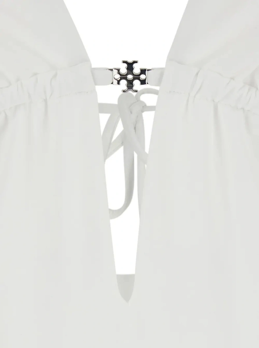 Costum de baie White One-Piece Swimsuit with Knot Closure and Logo Plate on the Front in Tech Fabric for Women - Img 3