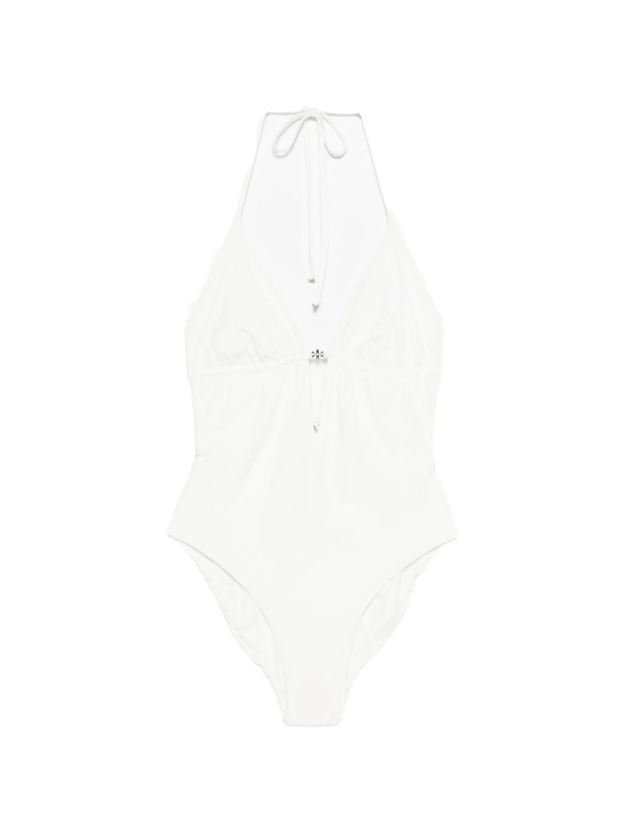 Costum de baie White One-Piece Swimsuit with Knot Closure and Logo Plate on the Front in Tech Fabric for Women - Img 6
