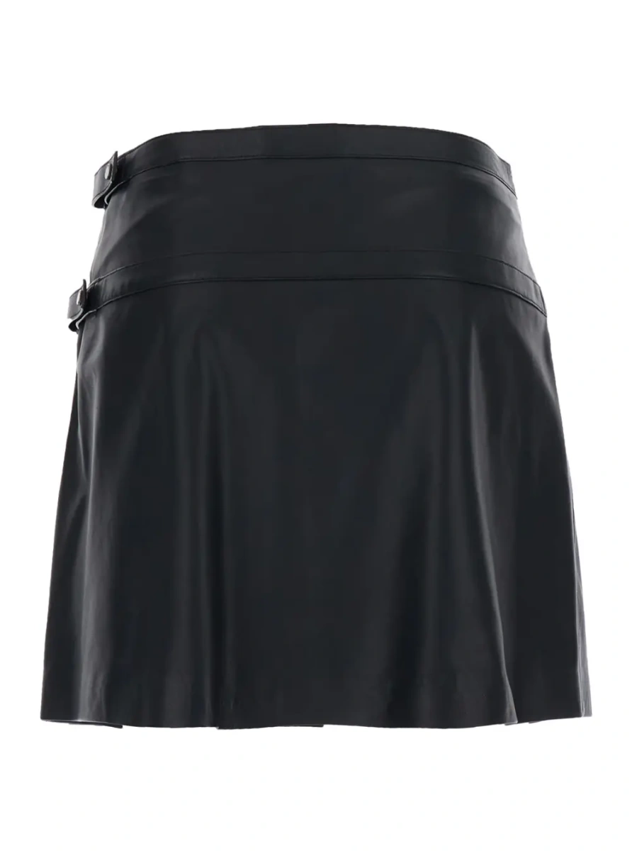Fusta Black Miniskirt with pleated details on the front and side belt closure with buckles in leather for women - Img 2