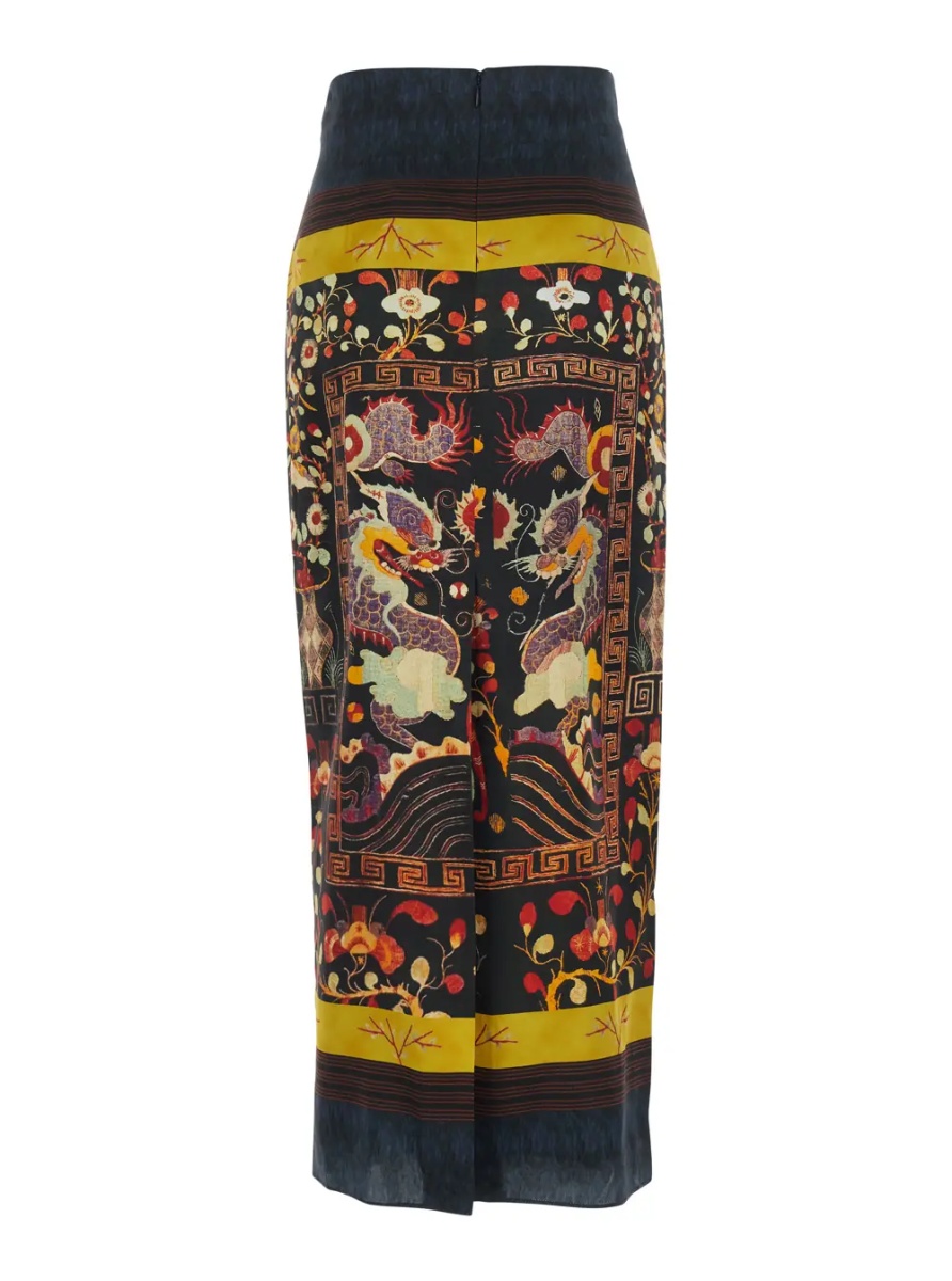 Fusta Long midi skirt with multicolored dragon and phoenix print for women - Img 2