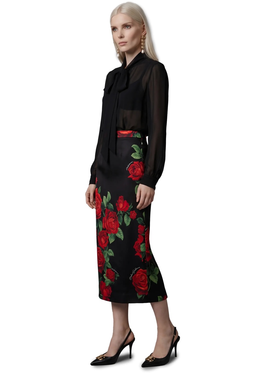 Fusta Red Rose Print Midi Skirt - Img 2